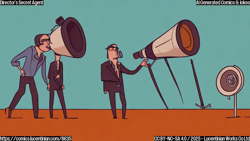 A cartoon drawing of a movie director with a megaphone talking to a stick figure that looks like a secret agent. The background is a desert landscape, and the style is plain and colorful.