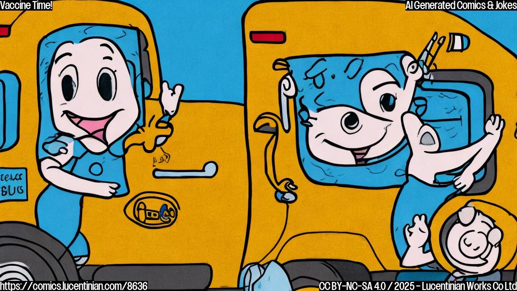 a light blue cartoon drawing of a happy baby with a band-aid on its arm, a small cartoon needle in its hand, going to a yellow school bus