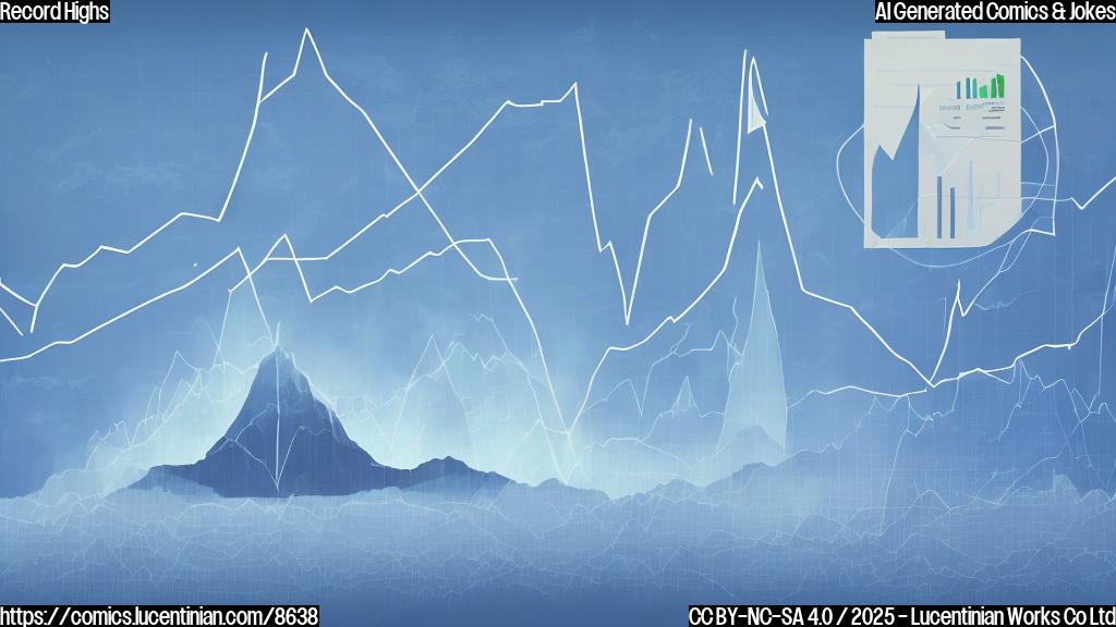Cartoon style, plain light blue background, a stock market chart with an arrow pointing upwards towards a mountain peak labeled "Record Highs", the chart is sweating and carrying a large backpack full of money bags, looking exhausted.