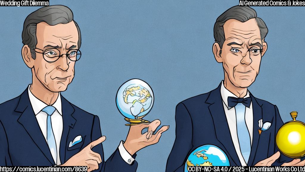 A wealthy cartoon man with a concerned expression, wearing a suit, holding a tiny cartoon globe in one hand and a miniature cartoon yacht in the other. The background is a plain light blue.