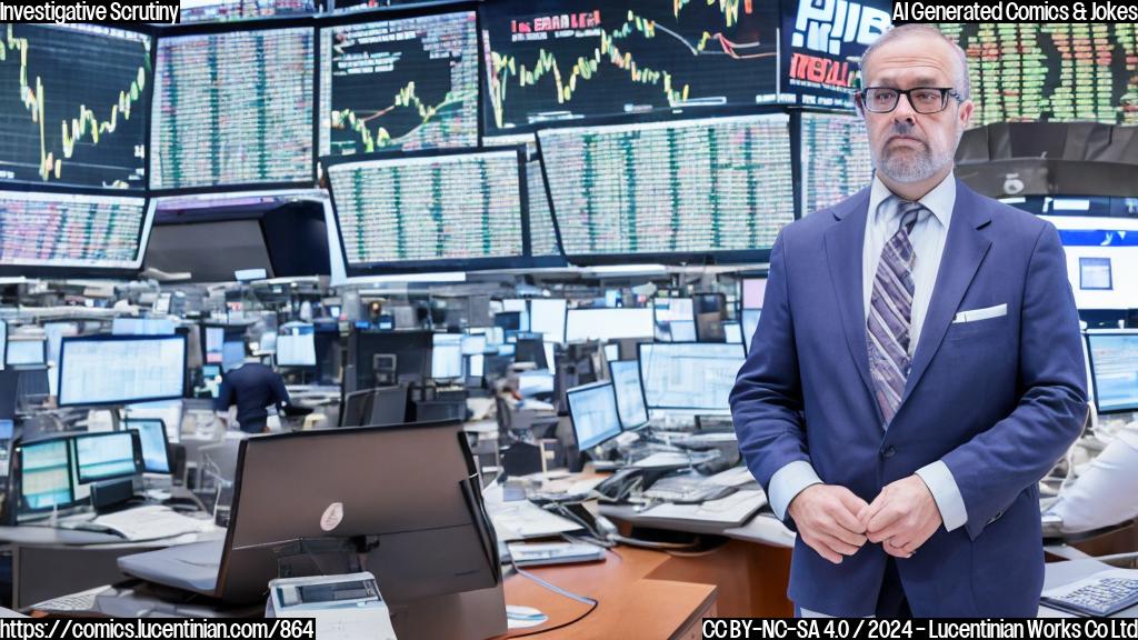 A bespectacled, middle-aged man with a stern expression and a suit, standing in front of a large computer screen displaying stock market graphs, with a subtle background of dollar signs and financial news headlines.