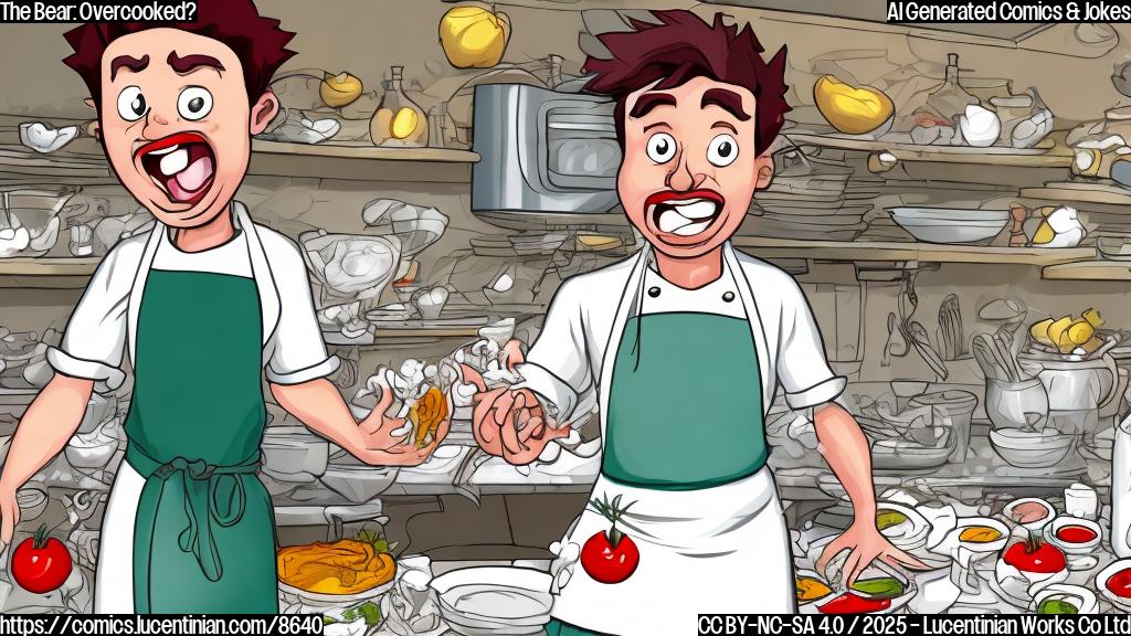 Cartoon image of a stressed-out chef with messy hair, wearing a white apron, standing in a very messy kitchen filled with spilled ingredients and overflowing pots. The chef is surrounded by frowning tomatoes with scores written on them. The color scheme is bright and chaotic, but in plain cartoon style.