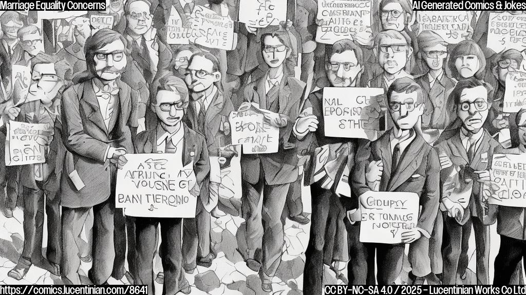 a plain color cartoon style picture of two men, one with short brown hair and glasses and the other with slightly longer blonde hair, holding hands nervously while looking towards a group of faceless figures holding signs. The overall tone is concerned and uncertain.