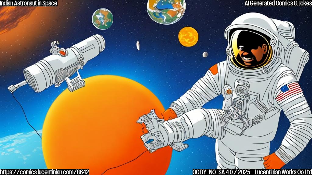 Cartoon illustration of an Indian astronaut with a surprised expression floating in space, with Earth visible in the background. The style is simple, with bold colors and thick outlines. The astronaut is wearing a bright orange spacesuit with the Indian flag on the shoulder.