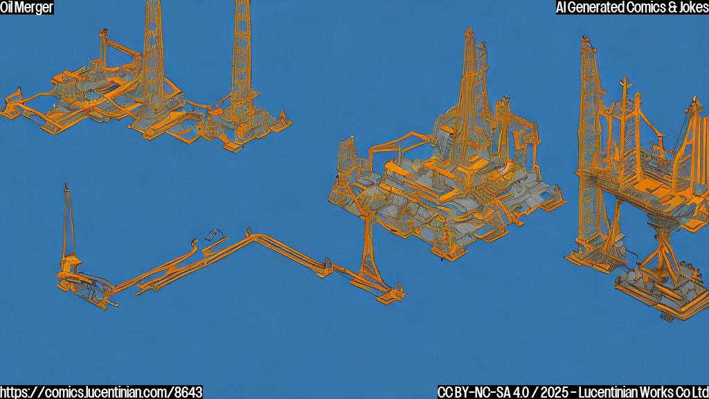 A plain color cartoon image of two oil rigs, one looking hesitant and shaking its head, the other one looking disappointed. Background is a simple blue sky. The rigs should be very basic and obviously cartoonish.