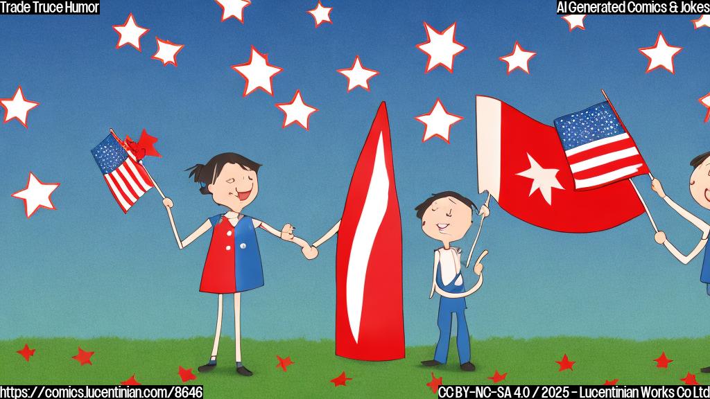 Cartoon illustration of two flags, one striped red and white with blue stars and one with stars on a red field, shaking hands, both looking stressed and sweating. The background is a plain light blue.