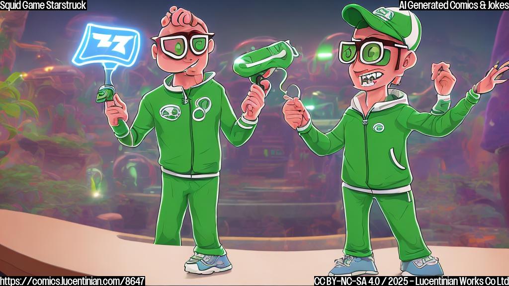 A plain color cartoon style image showing a Squid Game contestant (wearing a green tracksuit with a number) looking surprised and excited, with a spotlight shining on a generic looking man in a fancy suit, with an exaggerated "Hollywood" appearance with sunglasses. The background shows the outline of the Squid Game arena.