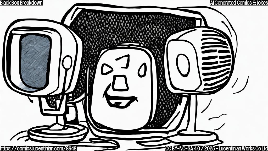 Cartoon style drawing of a black box with a sad face looking away from a microphone with a disgruntled expression. The background is a plain light blue.