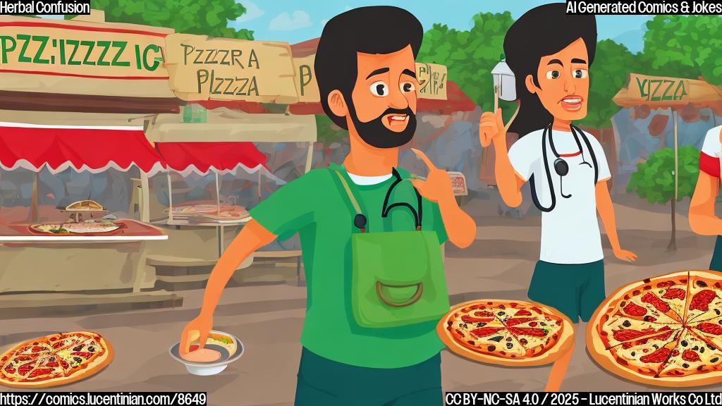 A cartoon style plain color image of a confused tourist with a backpack, standing in front of a street food vendor selling pizza with green leafy toppings. The tourist is holding a prescription in one hand and pointing at the pizza with a questioning look. The background is a simple street scene with generic Thai script on signs.