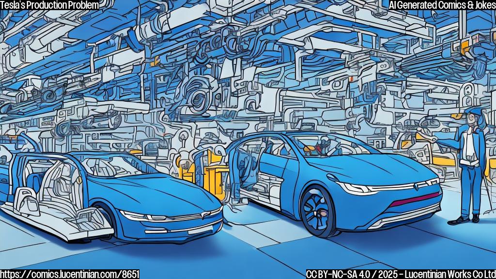 A cartoon-style illustration of a frustrated assembly line worker in a blue uniform standing next to a car that's assembled backward. The car is electric, sleek, and futuristic. The factory background is simple, with conveyor belts and robotic arms. The overall color scheme is bright and plain.
