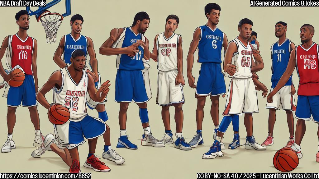 A cartoon-style image of a basketball team, composed of five generic players in basketball jerseys, standing around a table covered in papers and calculators. One player is holding a basketball, while another is scratching their head looking at a complicated equation. The background is a simple, brightly colored court.