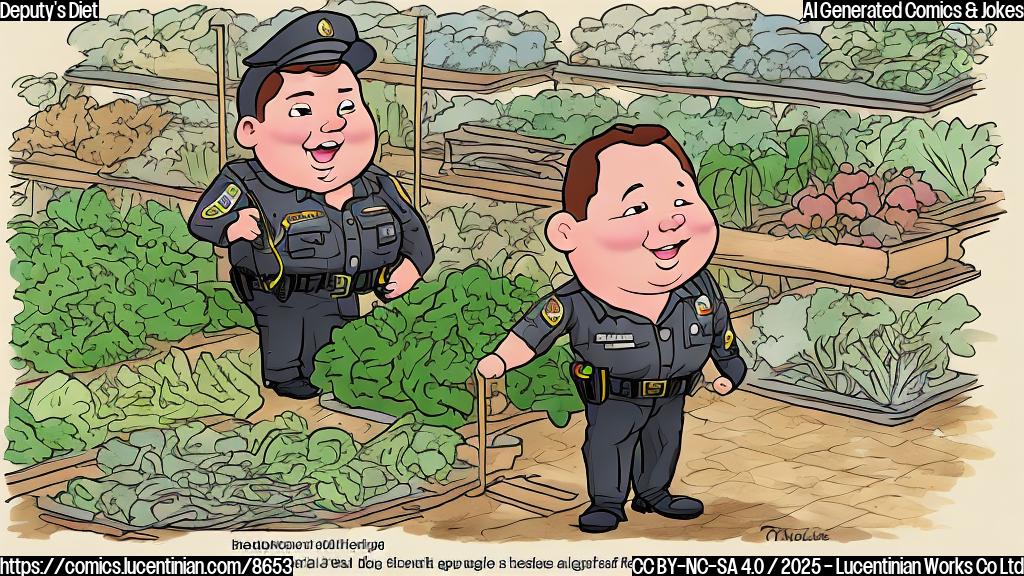 A cartoon drawing of a short, chubby man in a brown police uniform with a large belt buckle, struggling to carry a tall aluminum ladder towards a salad bar overflowing with various vegetables. The style is simple and plain, using bright, solid colors. The background is a pale yellow.