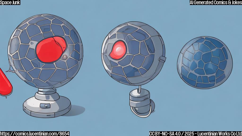 Cartoon style, plain light blue background, a metallic, dented object with solar panels attached is falling with a sad expression, a red stamp on it says "FIRED".