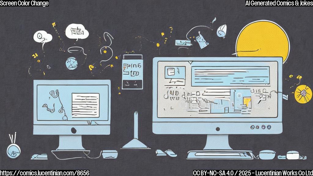 A cartoon style illustration of a sad, light blue computer screen with error message, next to a happy, black computer screen. Plain background.