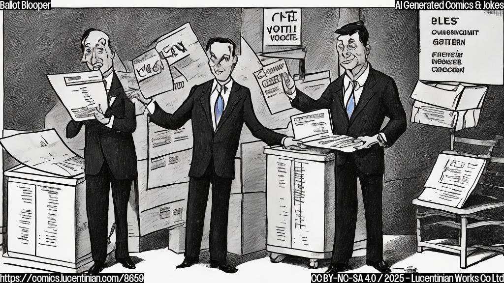 A cartoon drawing of a generic politician in a suit standing next to a ballot box overflowing with papers. The politician has a confused expression and is pointing at the ballot box with a shrug. The background is a plain light blue color.