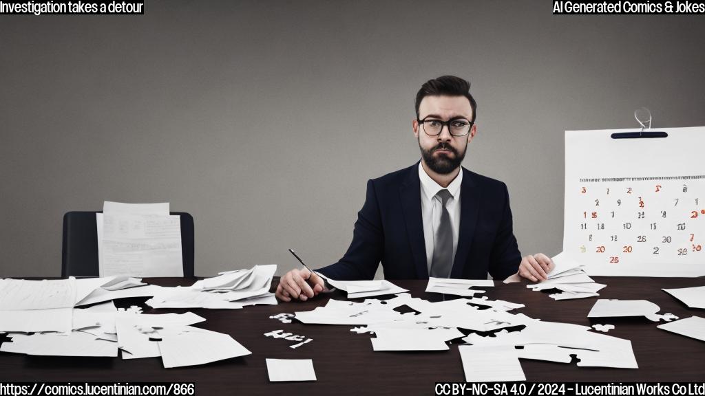 a serious-looking man in a suit with a puzzled expression, sitting at a desk with papers and files scattered around him, looking at a calendar