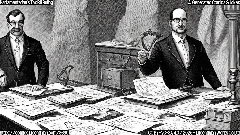 A cartoon drawing of a stern-looking official with glasses, wearing a suit, holding a gavel and pointing at a large, complicated tax bill with scribbled writing all over it. The official is standing behind a wooden desk with a nameplate that reads "Parliamentarian". The tax bill is visibly sweating. The style is plain, with simple colors.