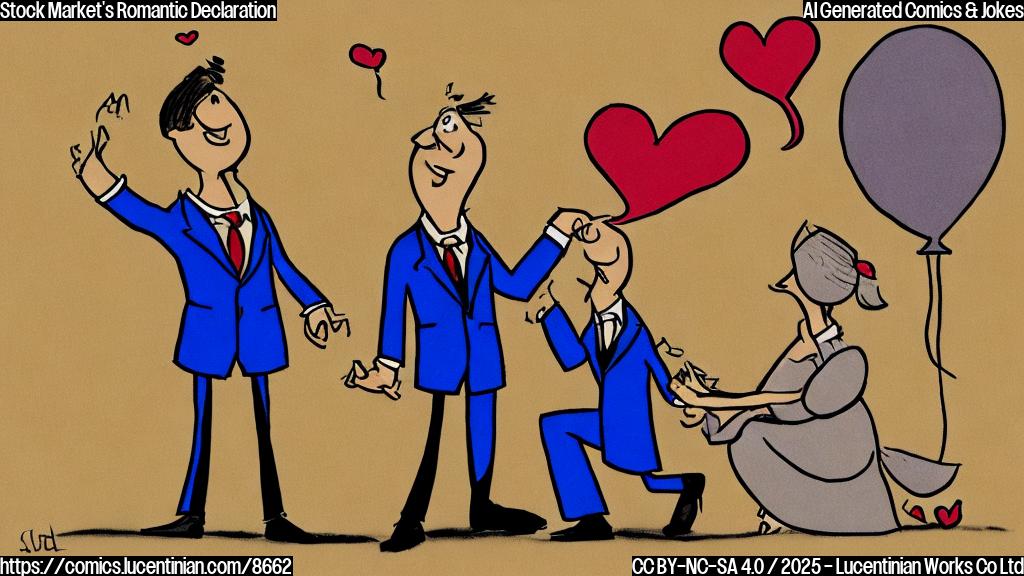 Draw a plain color cartoon style picture: A romantic scene. The S&P 500, depicted as a strong, square character with a suit and tie, is proposing on one knee. The Nasdaq, portrayed as a slightly taller, slender character with a modern dress, looks surprised and delighted. A heart shaped speech bubble shows from the S&P 500 with '$' sing inside it.