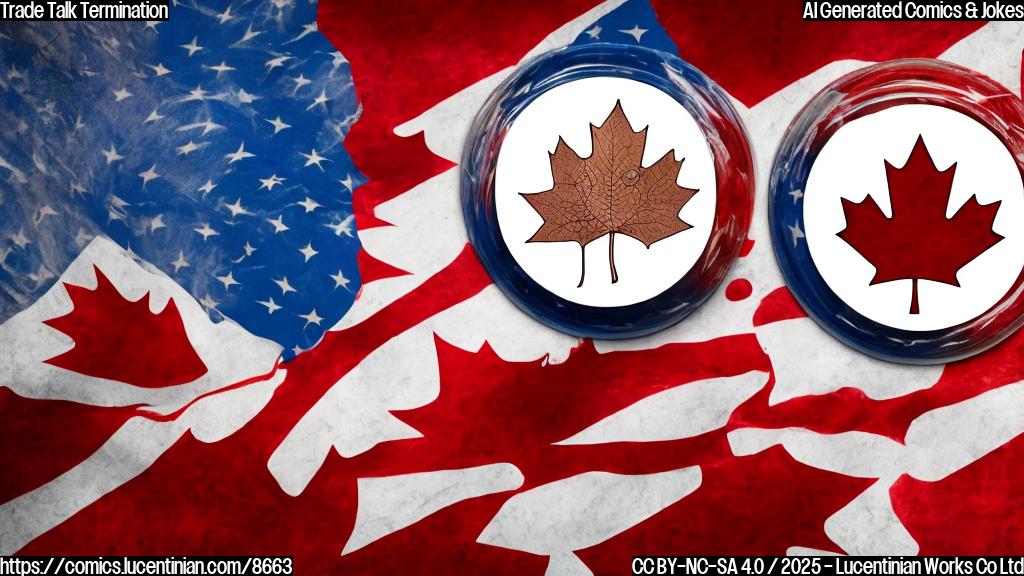 a cartoon image of two countries, one shaped like the USA and one like Canada, back-to-back, looking sad. The USA country has a thought bubble showing money symbols with an angry face. The Canada country has a thought bubble showing maple leaves with a question mark.