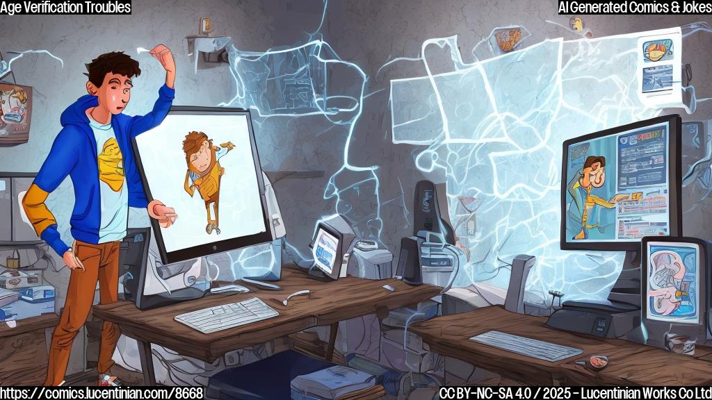 cartoon style image of a frustrated teenager with messy brown hair, wearing a blue hoodie, standing next to a desktop computer with an error message on the screen that says "Age Verification Failed". The teenager is holding a comically large ladder. The background is a plain light blue color.