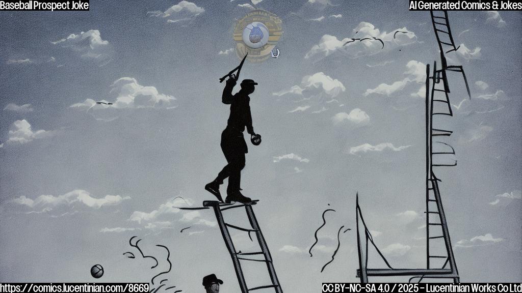 A cartoon drawing of a baseball scout wearing glasses and holding a clipboard, standing next to a very tall ladder reaching towards a baseball player silhouette in the sky. The background is a simple blue color.