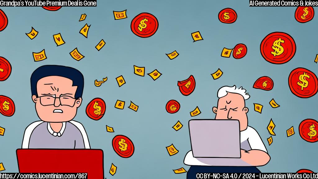 Draw a cartoon of an older man sitting in front of a laptop with a sad expression, surrounded by price tags and money symbols going up. The laptop screen displays a YouTube logo with a red exclamation mark over a rising cost symbol.