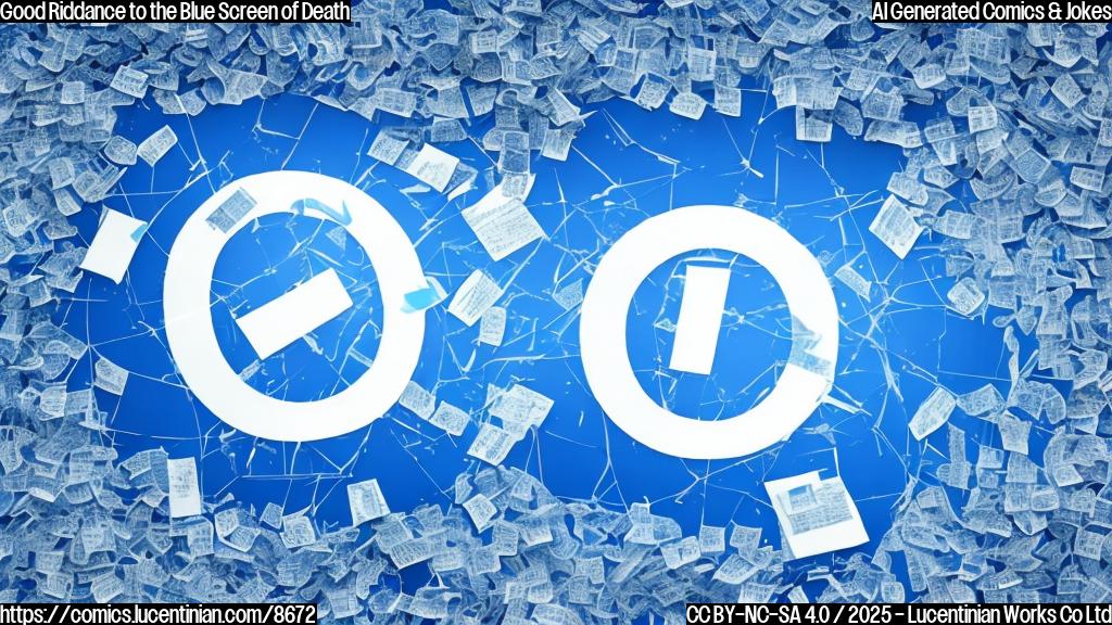 A blue screen with a cracked glass effect, surrounded by scattered papers and broken computers, with a faint image of a QR code in the corner.