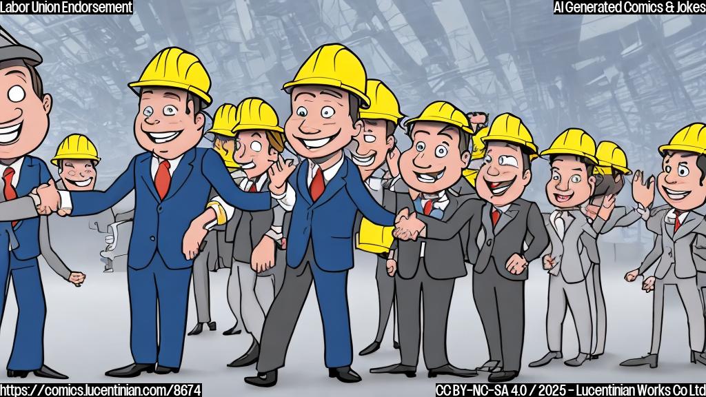 Cartoon image of a smiling politician wearing a suit and tie, shaking hands with a group of cartoon workers wearing hard hats and union shirts. The background is a plain light blue.