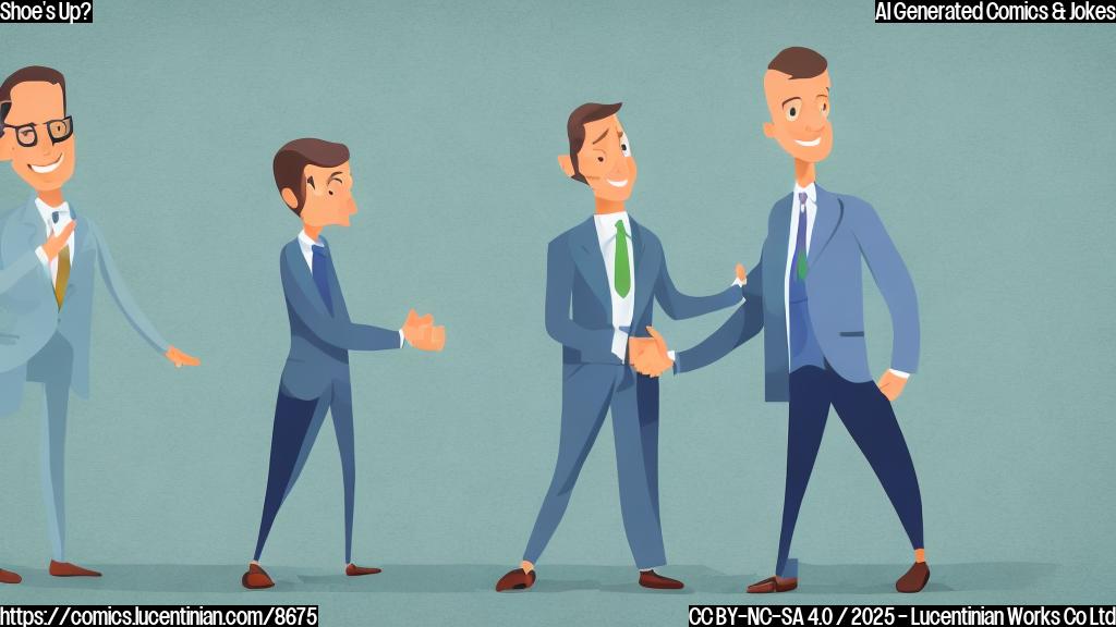 Cartoon style, plain light blue background, a happy investor with green suit and a shoe company CEO with sport suit shaking hands.