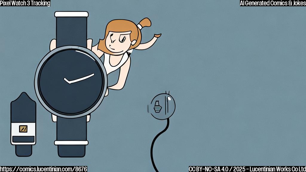 A plain color cartoon of a smartwatch with an antenna sticking out of it, sneaking behind a person. The background is a solid, light blue color.
