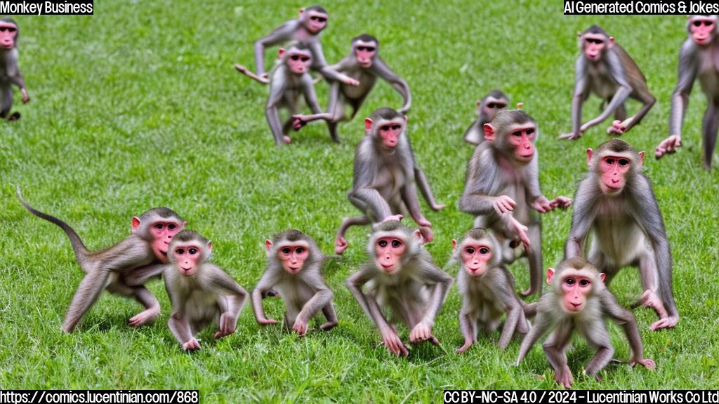 a group of 43 rhesus macaque monkeys are running loose in a field, one is holding a banana in its hand while another looks at it curiously