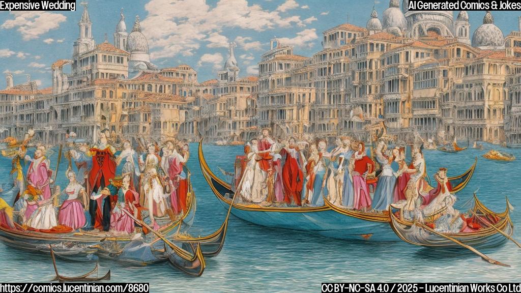 A plain color cartoon style picture of a smiling couple standing on a lavishly decorated boat in Venice, with smaller boats filled with cheering guests surrounding them. The sky is bright blue.