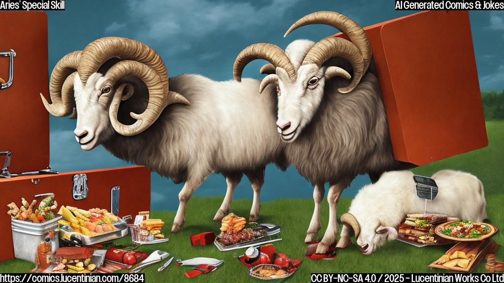 A cartoon ram, representing Aries, holding a comically oversized toolbox next to a picnic blanket with food scattered around. The ram looks confused. The background is a plain light blue.