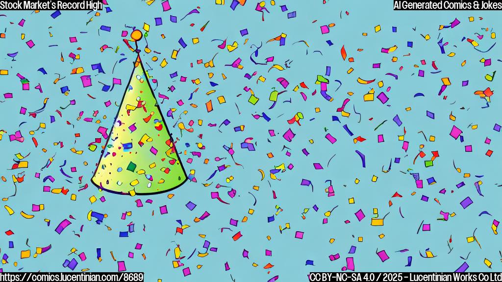 cartoon drawing of a cheerful graph line wearing a party hat, popping out of a large green arrow pointing upwards, with confetti falling around it. The background is a plain light blue.