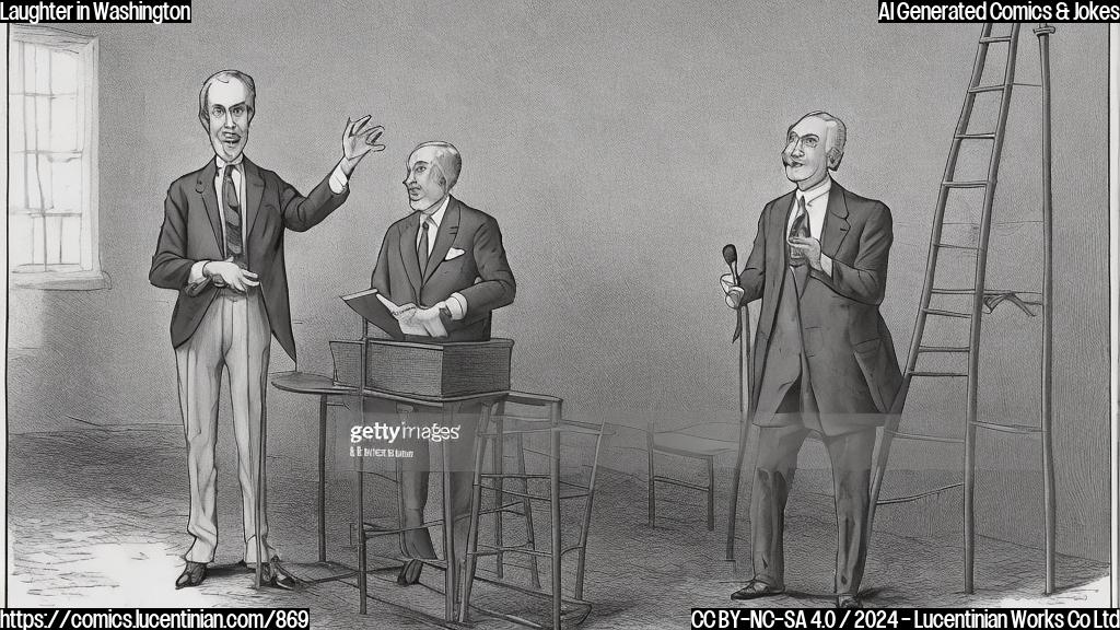 A cartoon of a tall politician standing on a podium, with a confident expression and a ladder behind them. The politician should be holding a microphone in one hand and a speech in the other. The background should have a blurred image of two opponents, also politicians, sitting at a table with their arms crossed.