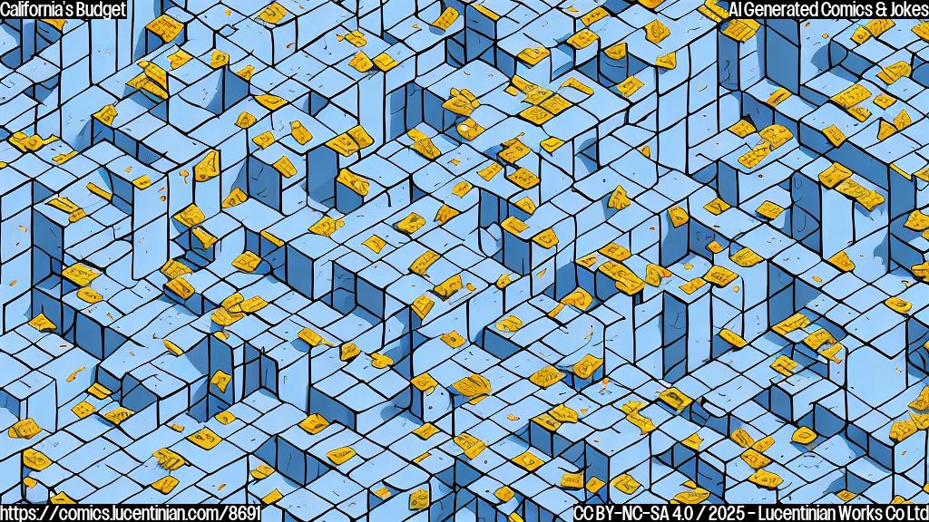 Simple, plain color cartoon style image of building blocks with dollar signs on them, stacked precariously high. The background is a solid light blue.