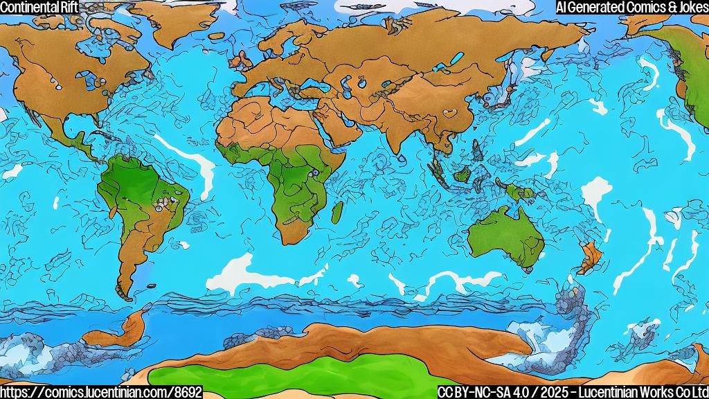 Cartoon illustration of a large landmass cracking apart, revealing a vibrant blue ocean forming in the gap. The landmasses are various shades of brown and green. Style is simple and colorful, suitable for children.