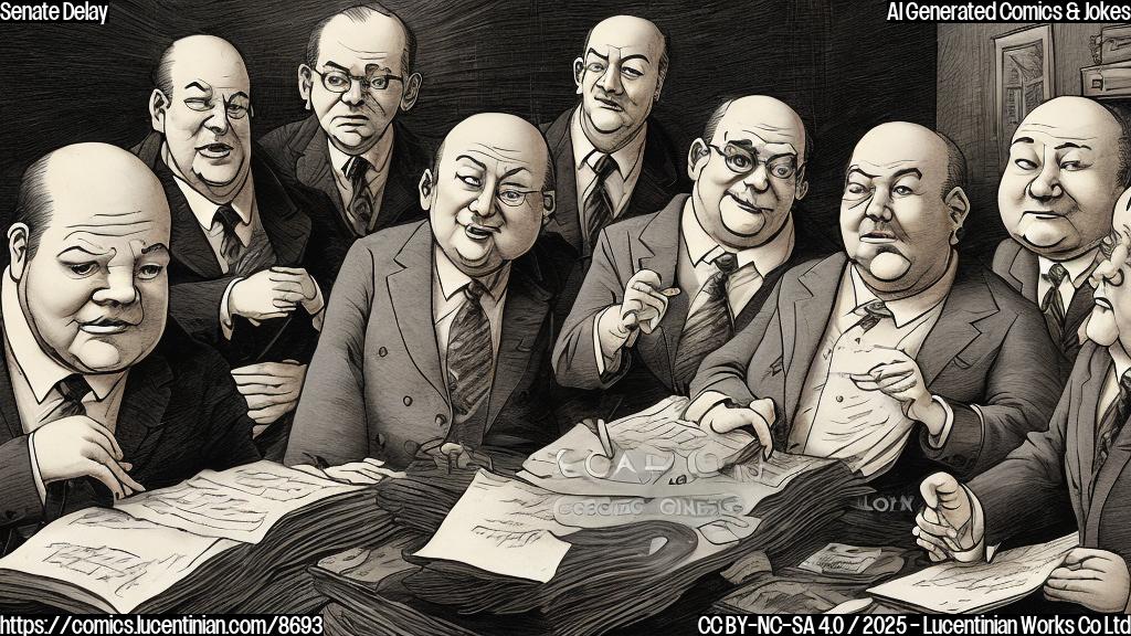 A simple cartoon image. A group of cartoon senators, depicted as slightly overweight, balding figures in dark suits, are huddled around a very large document labeled "Big Bill" in bold letters. One senator is scratching his head with a perplexed expression. Sunlight streams in from a window with a calendar on the wall showing Sunday circled. The color pallette is pastel and plain.