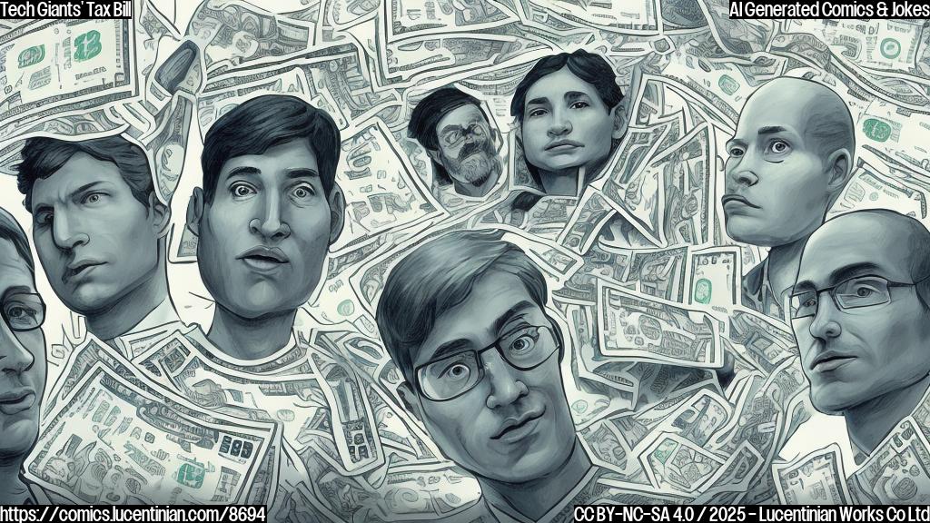 Plain color cartoon style picture. Four generic, faceless figures representing large tech companies (one with a shopping cart symbol, one with a search symbol, one with a social media "f" symbol, and one with a car-hailing app symbol) looking shocked at a giant tax bill. The tax bill has a large dollar sign on it. The background is a simple, neutral color.