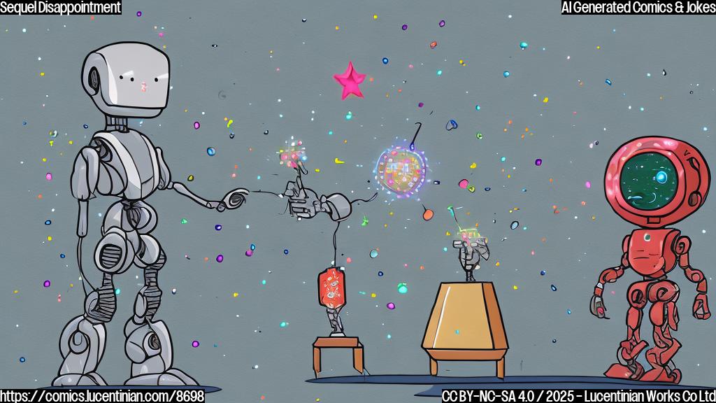 Plain color cartoon style drawing of a sad looking humanoid robot with visible circuits, standing next to a cheering humanoid robot with sparkles around it. The sad robot is in fourth place on a podium, while the cheering robot is in first place.