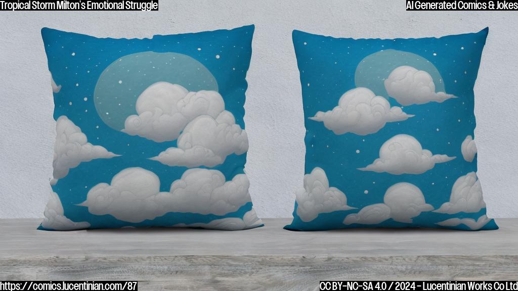 Draw a plain color cartoon style picture of a tropical storm with a thought bubble, where the storm is holding an emotional support pillow and looking concerned. The pillow should have a calming effect on the storm, with soothing colors and patterns. The background should be a calm blue sky with fluffy white clouds to represent the peaceful atmosphere that the pillow brings to the storm.