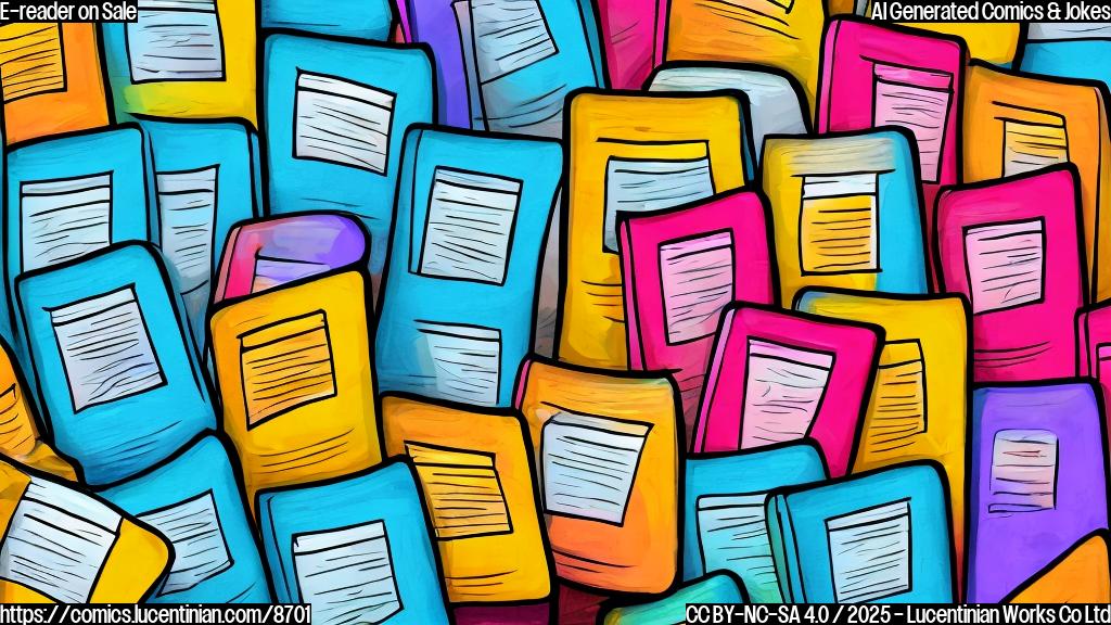 A cartoon drawing of a stack of colorful e-readers, each with a different plain color screen displaying a surprised expression, sitting on a shelf in a bookstore. The background is a light blue, cartoon style.