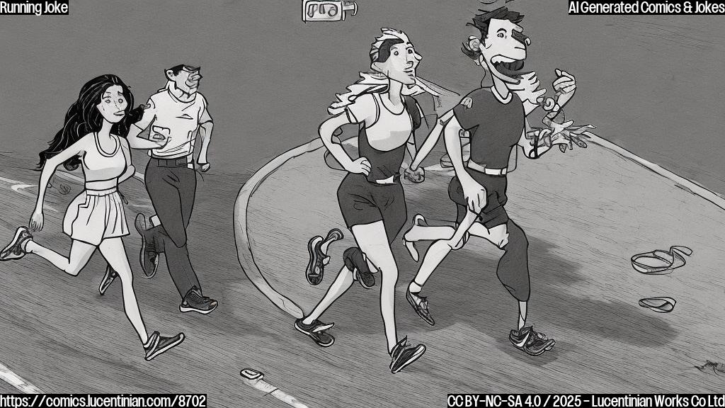 Plain color cartoon style picture of a running track with a starting line and a single runner, a woman with long dark hair, looking disappointed. A stopwatch lies broken on the ground near her.