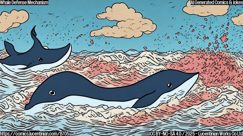 a cartoon illustration of a very small whale with a worried expression holding a large bucket of red liquid in the ocean, plain color, cartoon style