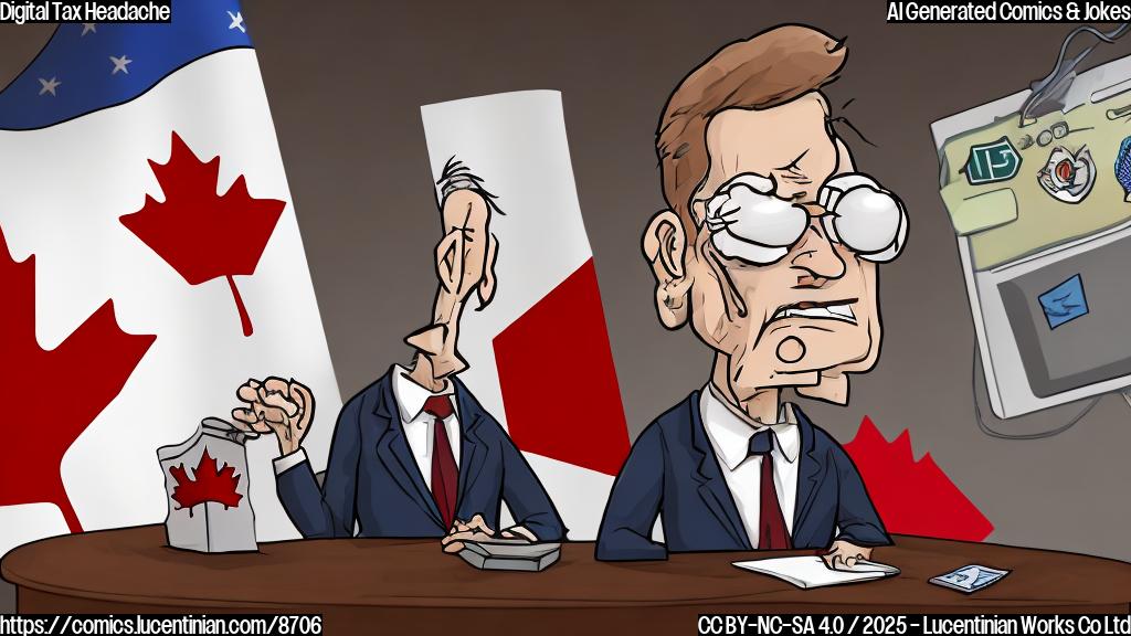 A cartoon image showing a stressed-out, suited figure (representing a US negotiator) with steam coming out of his ears, sitting opposite another suited figure with a maple leaf on their lapel (representing a Canadian negotiator) at a table. A large computer screen in the background displays the words "Digital Tax" in bold red letters. The overall style should be simple and colorful.