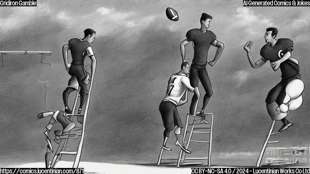 A cartoon of two football players, one holding a ladder and standing on top of the other, with a football field in the background.