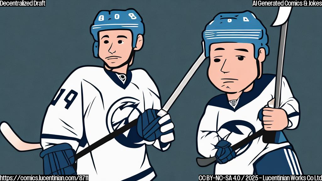 Plain color cartoon style image of a sad hockey player sitting alone in an empty stadium, wearing team jersey and holding a hockey stick.