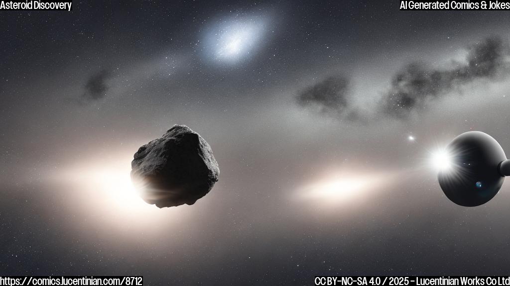 A cartoon style image of a small, grey asteroid with a happy face floating in the dark space with some stars. In the distance, a giant telescope is pointed towards it, with a surprised expression on the telescope. The background is a simple, plain dark blue color.