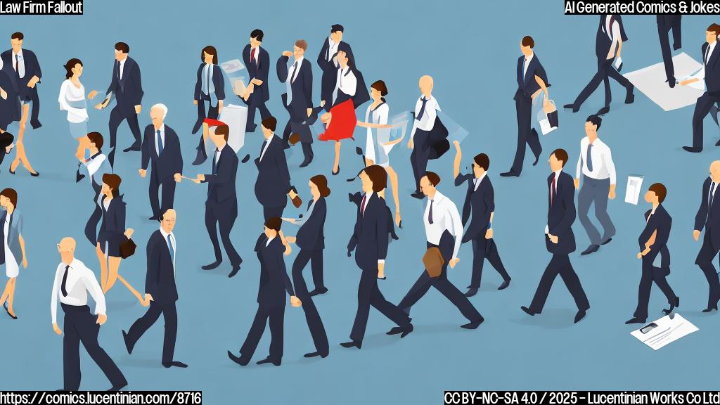 A cartoon-style image with a plain blue background. Depict a group of stylized lawyer figures in business suits with worried expressions walking away from a large, generic, modern office building. One lawyer figure is holding their stomach in distress. The building has a sign that simply says "Law Firm".