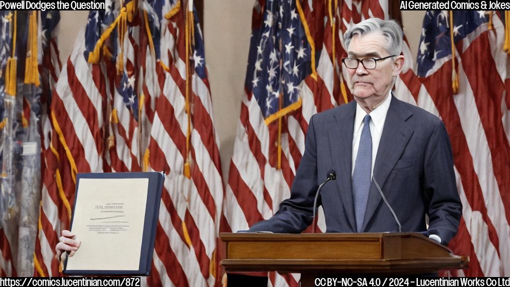 Describe a cartoon style image of Jerome Powell standing at a podium, with a large book or folder behind him. He is wearing a serious expression, but there is a small rung on the podium just out of reach, with a ladder leaning against it in the background. The image should be bright and colorful, with bold lines and simple shapes.